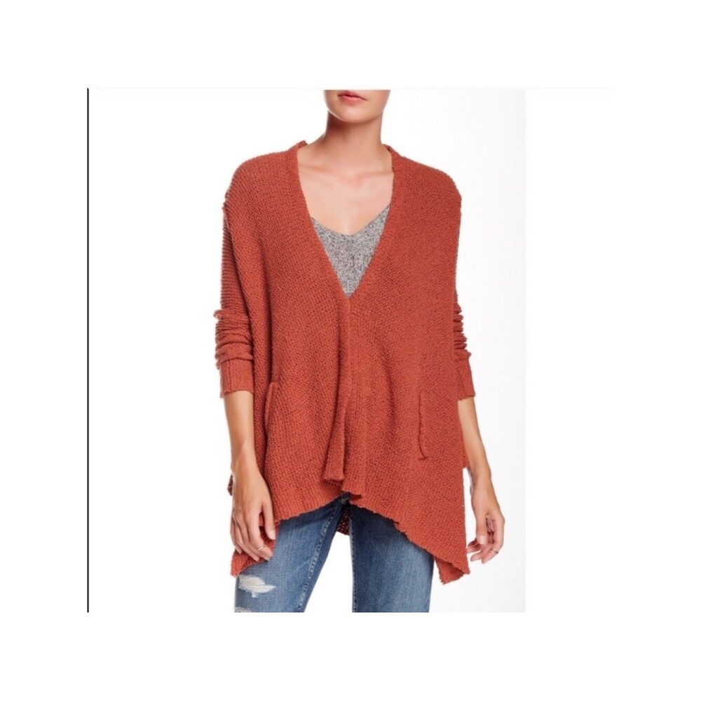 Free people Cozy V-Neck Open Cardigan Sweater in Rust boho knit loose pockets